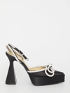Mach&mach Double Bow Crystal-embellished Leather Heeled Sandals In Black