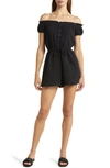 Bp. Seersucker Off The Shoulder Romper In Black Jet