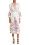 ZIMMERMANN DEVI EMBROIDERED LONG SLEEVE WRAP LINEN MIDI DRESS