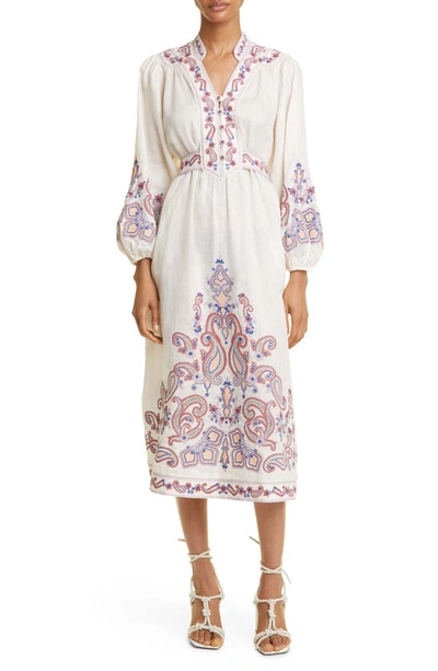 Zimmermann Devi Embroidered Long Sleeve Wrap Linen Midi Dress In Multi