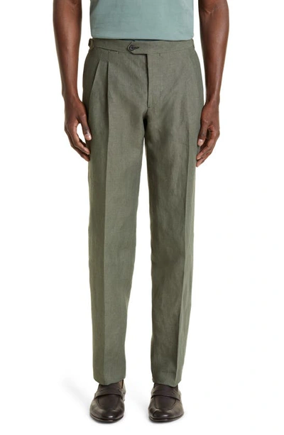 Thom Sweeney Tailored Fit Double Pleat Linen Trousers In Military Green