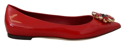 Dolce & Gabbana Red Leather Crystals Loafers Flats Shoes