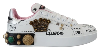 Dolce & Gabbana White Leather Crystal Queen Crown Sneakers Shoes