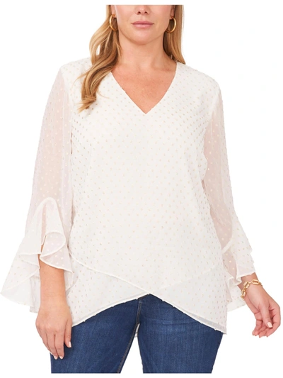 Vince Camuto Plus Womens V-neck Swiss Dot Blouse In White