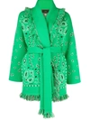 Alanui Jacquard Bandana Fringe Belted Cardigan In Green Flash
