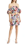 MARCHESA NOTTE FLORAL PUFF SLEEVE FIL COUPÉ COCKTAIL DRESS