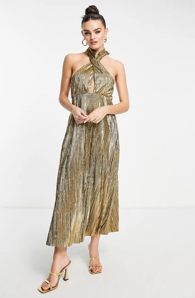 Topshop Gold Plisse Cut Out Halter Midi Dress