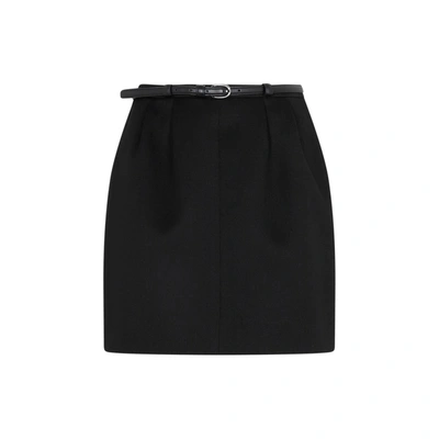 Saint Laurent Gathered Detailed Belted Mini Skirt In Schwarz