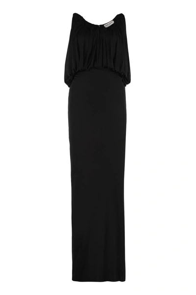 Saint Laurent Shoulder-baring Long Dress With Gathered Accents In Black