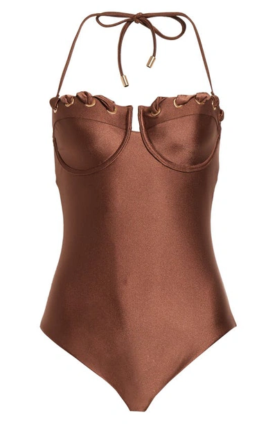 Zimmermann Devi Eyelet Detail Balconette One-piece Swimsuit In Chocolate