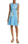 LELA ROSE SLEEVELESS FLORAL SCALLOP HEM FIT & FLARE DRESS