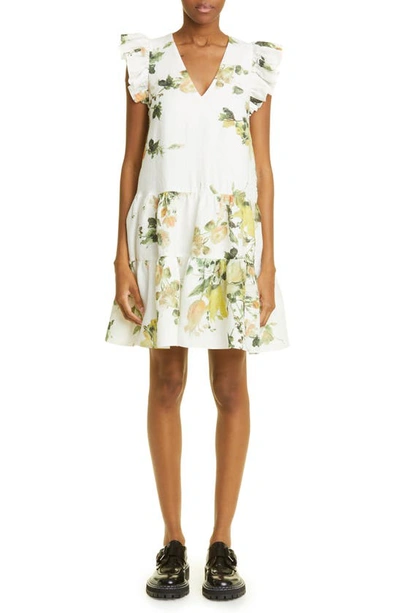 Erdem Wisteria Floral Print Ruffle Sleeve Linen Dress In Painted Bouquet White