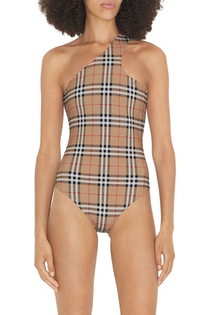 Burberry Candace Check One-shoulder One-piece Swimsuit In Beige,black