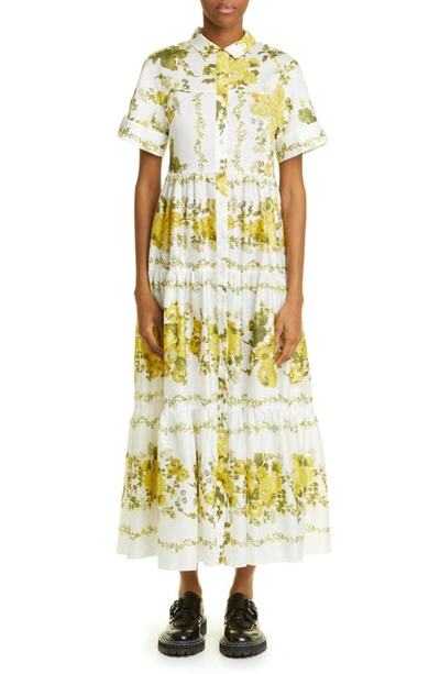 Erdem Helena Tiered Floral-print Cotton Maxi Shirt Dress In Yellow
