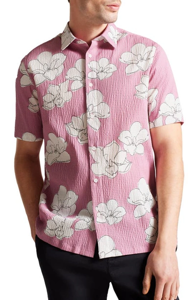 Ted Baker Coving Seersucker Floral Print Short Sleeve Shirt In Pink