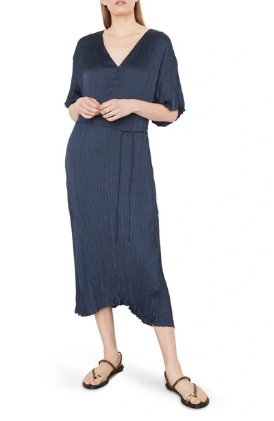 Vince Crushed Pleat V Neck Dress In Blue