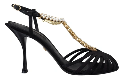 Dolce & Gabbana Black Satin Clear Crystal T-strap Sandal Shoes