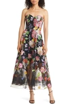 MARCHESA NOTTE FLORAL EMBROIDERED STRAPLESS COCKTAIL DRESS