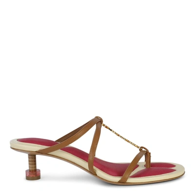Jacquemus Leather Sculptural Sandals With Metal Signature In Light Brown