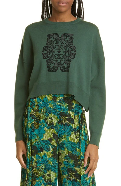 Max Mara Sir Logo Graphic Wool Crewneck Sweater In Verde Militare