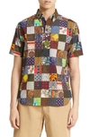 BEAMS PATCHWORK SHORT SLEEVE BUTTON-DOWN POPOVER SHIRT