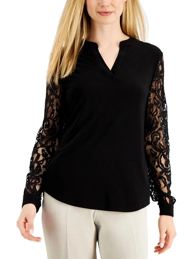 Kasper Petites Womens Lace Sleeves Mandarin Collar Pullover Top In Black