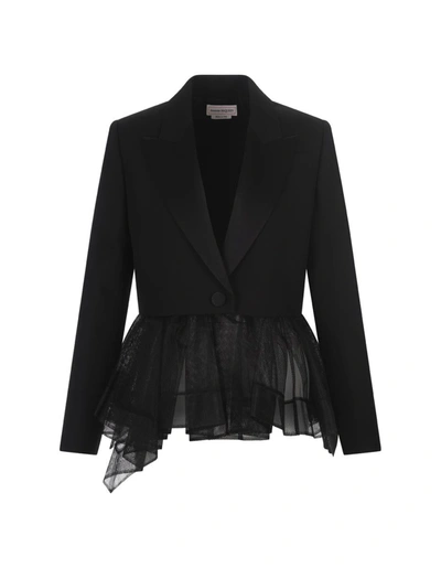 Alexander Mcqueen Peplum Tulle Single-button Jacket In Black