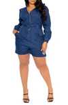 BUXOM COUTURE UTILITY BELTED LONG SLEEVE DENIM ROMPER