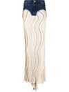 Vitelli Long Knitted Crochet Denim Skirt In Multicolour