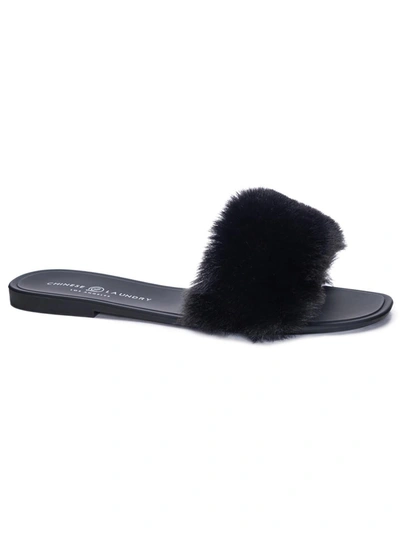 Chinese Laundry Midnight Womens Faux Fur Flat Slide Sandals In Black
