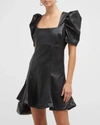 Likely Alia Faux-leather Puff-sleeve Mini Dress In Black