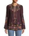 JOHNNY WAS Free Spirit Embroidered Georgette Blouse In Merlot