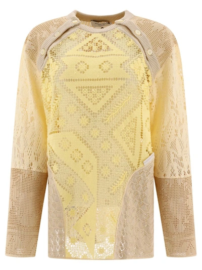 Marine Serre "regenerated Crochet Raglan" Sweater In Beige