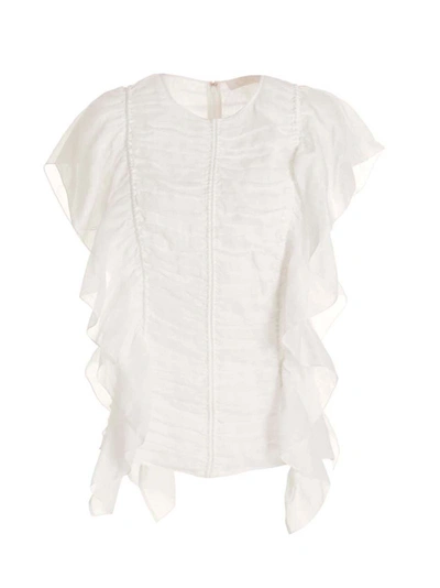 Chloé Ruched Sleeveless Top With Ruffle Detail In White