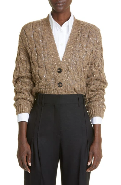 Brunello Cucinelli Cable-knit Embellished Cardigan In Brown