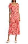& Other Stories Floral Puff Sleeve Midi Dress In Red W. White Flower Kass Aop