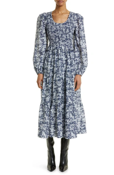 Sea Floral Ruched Midi Dress In Navy