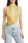 TOPSHOP WATERCOLOR RUCHED SIDE MESH TANK