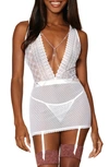 DREAMGIRL DREAMGIRL PLUNGE CHEMISE WITH ATTACHED GARTER STRAPS & G-STRING THONG