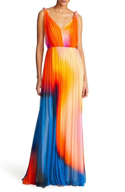 Halston Stacia Pleated Ombre Chiffon Gown In Sunset Abstract
