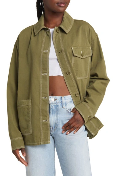 Topshop Workwear Shirt Jacket With Contrast Stitch In Khaki - Part Of A Set-green