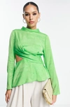 Topshop Premium Long Sleeve Draped Cut Out Top In Lime-green In Light Green