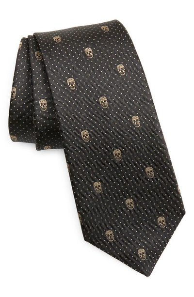 Alexander Mcqueen Brown Skull And Polka-dot Jacquard Silk Tie In 1031-black/ Beige