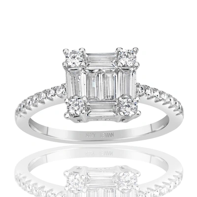 Suzy Levian Sterling Silver Bagguette And Round Cut Cluster Cubic Zirconia Bridal Engagement Ring