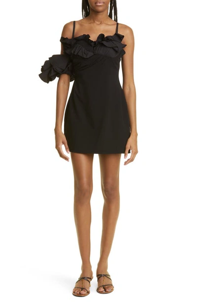 Jacquemus Black La Dressing Gown Duna Short Dress With Ruffles