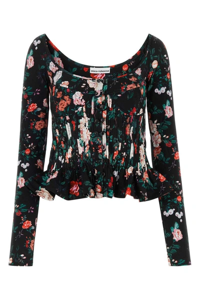 Rabanne Floral-print Pleated Long-sleeve Bustier Top In Multi