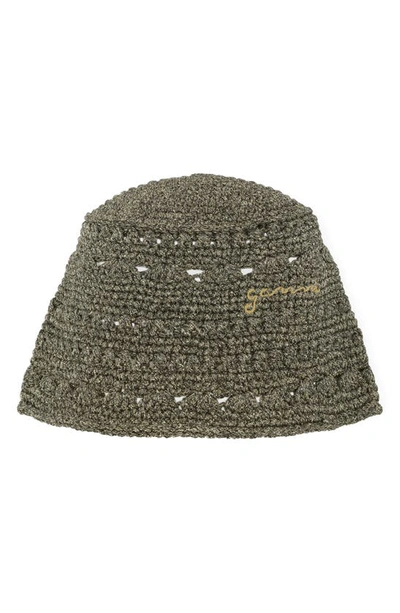 Ganni Metallic Crochet Bucket Hat In Black