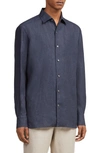 Zegna Linen Shirt With Chest Pockets And Point Collar In Navy
