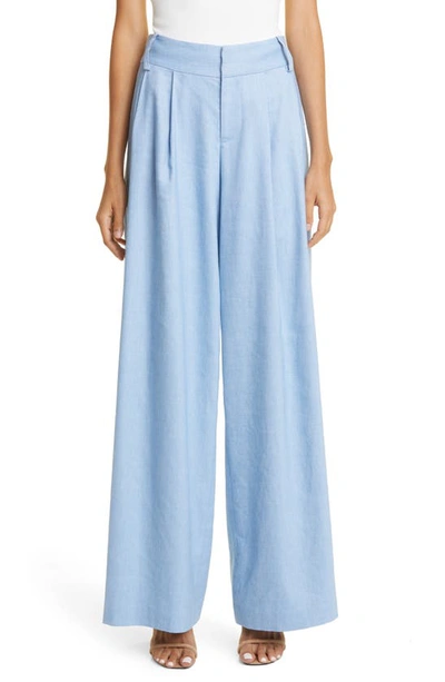 Alice And Olivia Scarlet Chambray Linen Wide-leg Flare Trousers In Blue