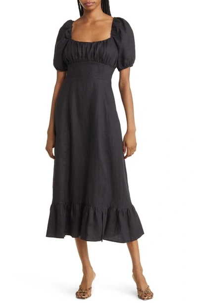 & Other Stories Puff Sleeve Linen Midi Dress In Black